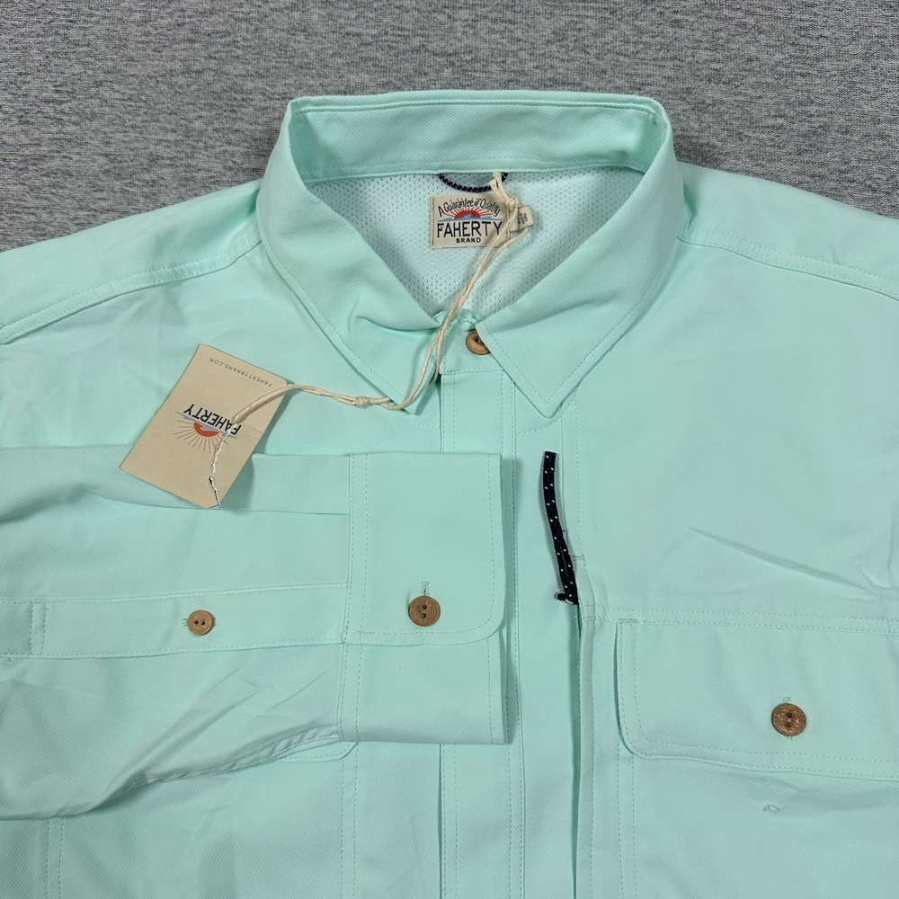 Faherty All Day Air UPF Shirt Mens Large Teal Long Sleeve Outdoor Fishing Hiking